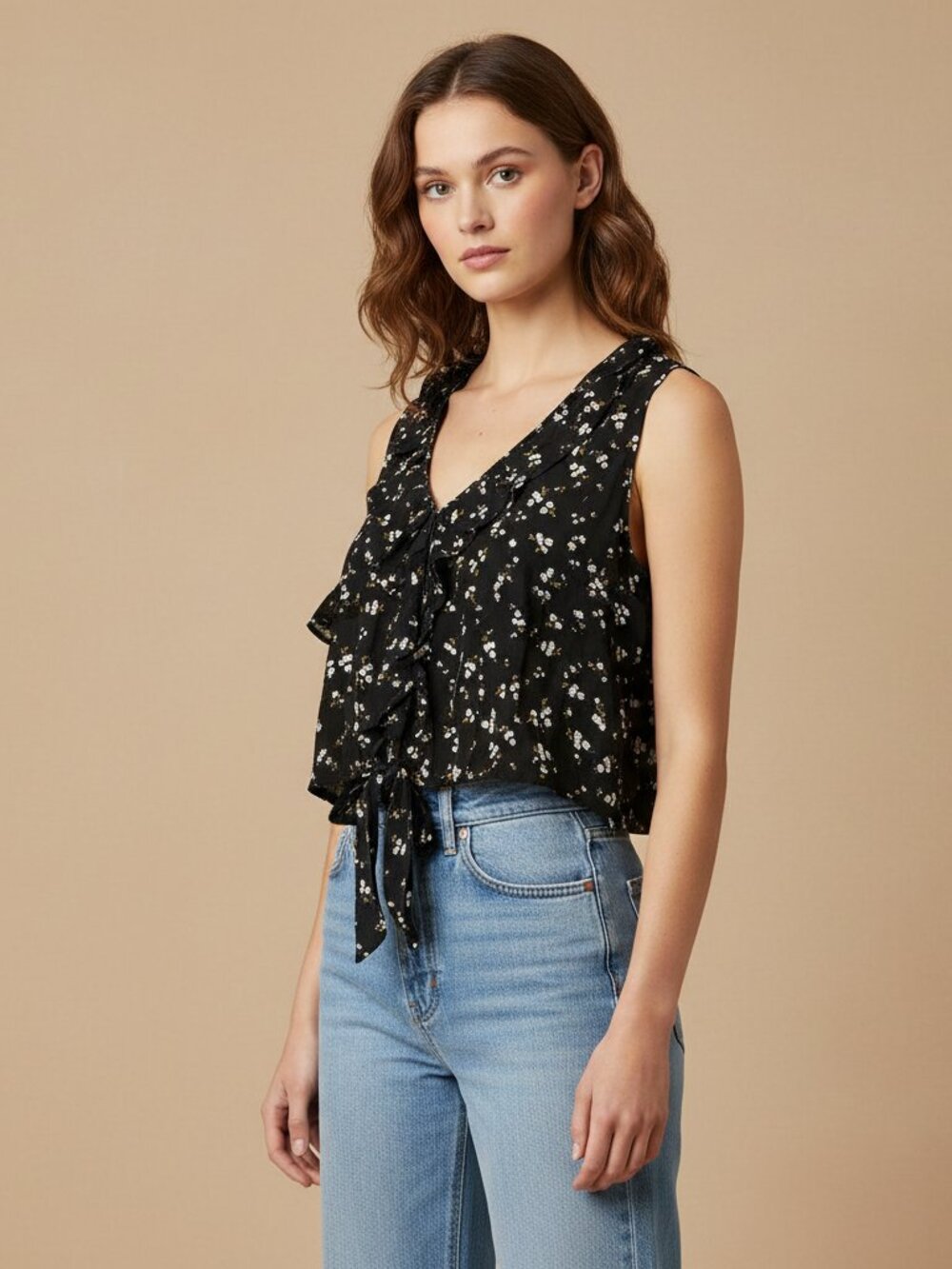 Tommy Jeans Floral Sleeveless Ruffle Tie-Front Crop Top XL NWT